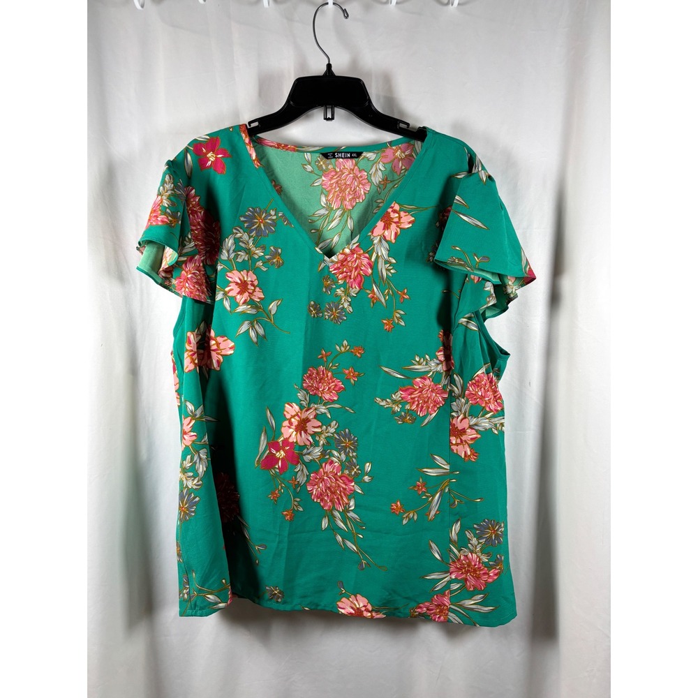 Green Floral V-Neck Ruffle Sleeve Top